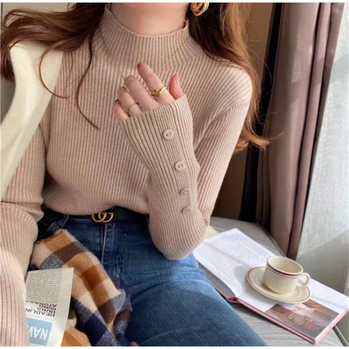 Half turtleneck sweater bottoming shirt womens autumn and winter 2025 new inside explosion foreign style solid color all-match knitted top Apricot