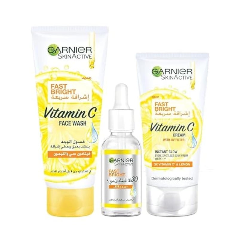 Garnier Fast Bright Vitamin C Serum 30 ml, Face wash and Day Cream Bundle - Image 1