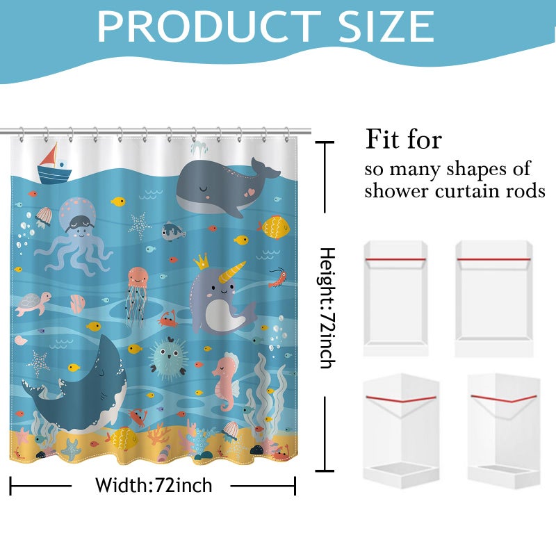 Mocsicka Kids Shower Curtain Fun Whale Shower Curtain with 12 Hooks Cartoon Blue Sea Ocean Fish Bath Curtain for Girls Boys Waterproof Kids Bathroom Decor, 72 X 72 Inch - Image 2