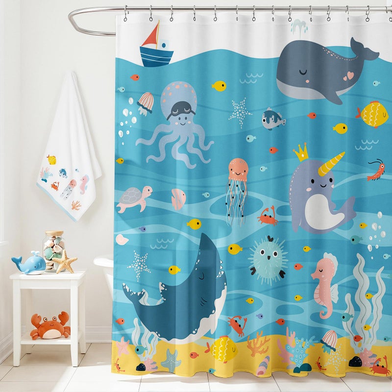 Mocsicka Kids Shower Curtain Fun Whale Shower Curtain with 12 Hooks Cartoon Blue Sea Ocean Fish Bath Curtain for Girls Boys Waterproof Kids Bathroom Decor, 72 X 72 Inch - Image 1