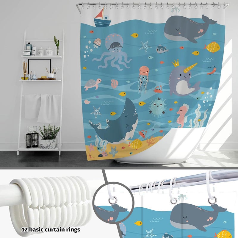 Mocsicka Kids Shower Curtain Fun Whale Shower Curtain with 12 Hooks Cartoon Blue Sea Ocean Fish Bath Curtain for Girls Boys Waterproof Kids Bathroom Decor, 72 X 72 Inch - Image 3