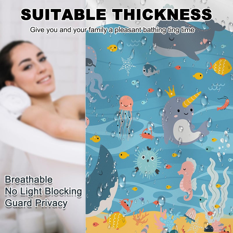 Mocsicka Kids Shower Curtain Fun Whale Shower Curtain with 12 Hooks Cartoon Blue Sea Ocean Fish Bath Curtain for Girls Boys Waterproof Kids Bathroom Decor, 72 X 72 Inch - Image 4