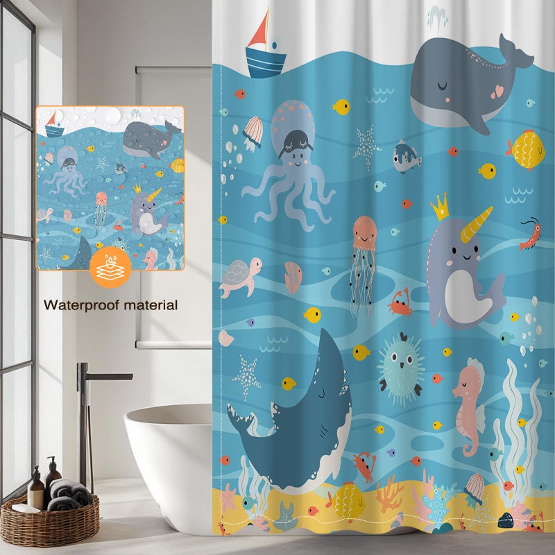 Mocsicka Kids Shower Curtain Fun Whale Shower Curtain with 12 Hooks Cartoon Blue Sea Ocean Fish Bath Curtain for Girls Boys Waterproof Kids Bathroom Decor, 72 X 72 Inch - Image 5