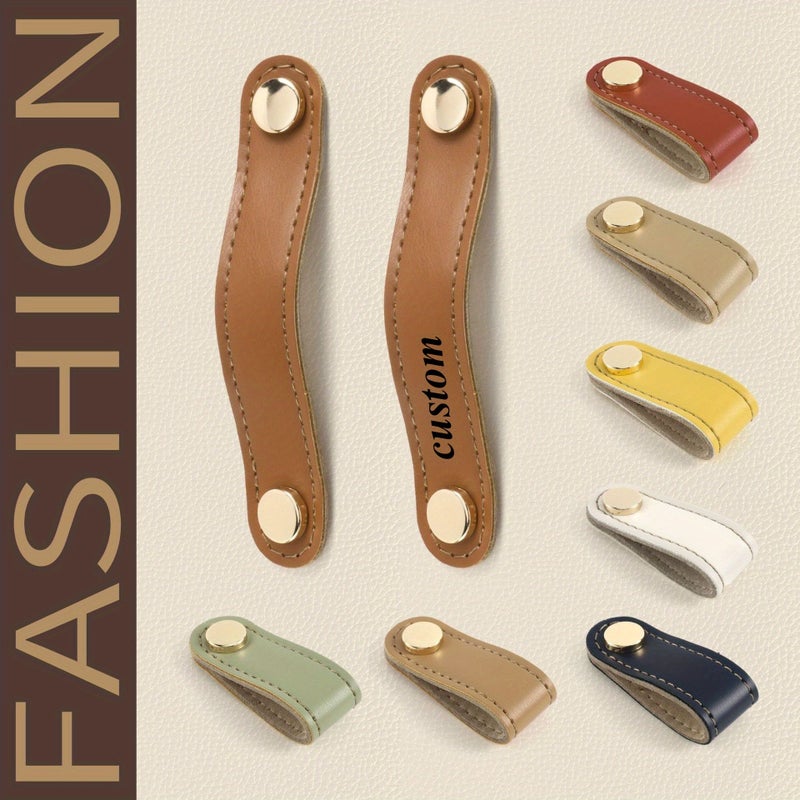 Customized Laser Engraved Leather Cabinet Handles Drawer Pulls Two Pieces 5 59x0 98 Inch Yellow Single Hole Collision Prevention Safe Door Grips - Image 2