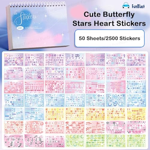 FunBlast Kawaii Sticker Book - 50 Sheets/2500 Stickers, Scrapbook Stickers Cute Butterfly Stars Heart Korean Bows Ribbons Self Adhesive Sticker Book (Purple) - Image 3