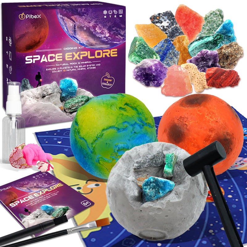 PIBEX Gemstone Dig Kit Dig up 15 Rocks Minerals from Earth Moon Mars Solar System Planets Geology Science Set Space Rock Mining Toys for Kids STEM Gift for Boys Girls Age 6812 - Image 3