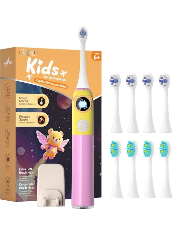 SEAGO Kids Electric Toothbrushes Rechargeable, Sonic Toothbrush with Pressure sensor, Smart Timer and silicone coat, 8 Toothbrush Heads for Ages 3+ Boys Girls (pink) - Image 1