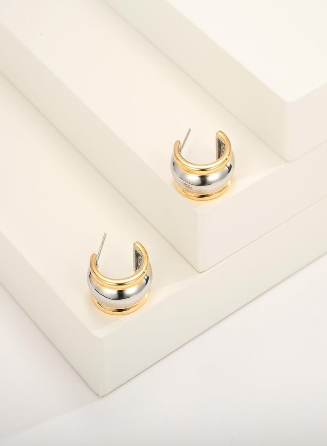 ليلي آند وايت أقراط حلقية ثنائية اللون من LILIE&WHITE للنساء، بتصميم حلقي سميك على شكل حرف C، باللونين الذهبي والفضي. - Image 4