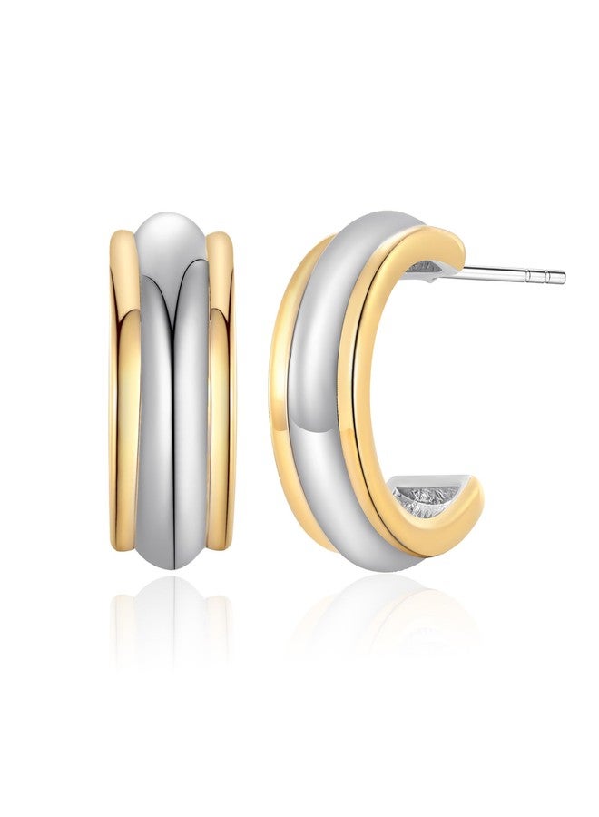 ليلي آند وايت أقراط حلقية ثنائية اللون من LILIE&WHITE للنساء، بتصميم حلقي سميك على شكل حرف C، باللونين الذهبي والفضي. - Image 1