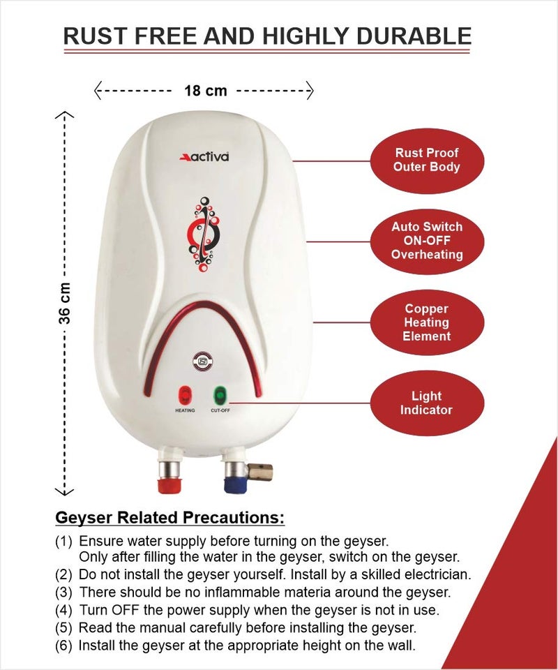Activa 1 ltr Instant Water Heater Geyser, ISI Copper Element 3 KVA (0.8mm), Instant Heat Water, Anti Rust Coated Tank, ABS Body, Energy Efficient, 5 Year Warranty - IVORY - Image 3