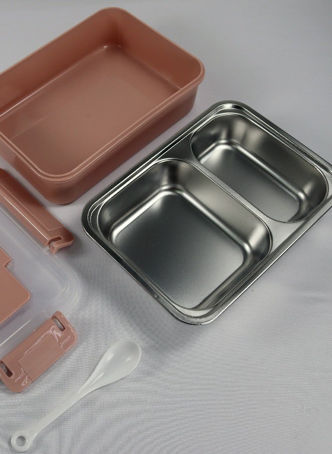 Toshionics Stainless Steel Lunch Box with 2 Compartments, Spoon, Lid Cutlery Storage, Leakproof, Microwave & Freezer Safe,  BPA-Free-Removable Tray – 1.4L – for School, Office, Travel, Gym – 20x14x5 cm - Image 2