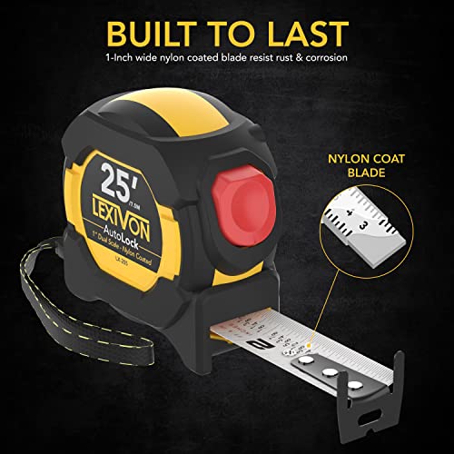 LEXIVON 25Ft/7.5m AutoLock Tape Measure | 1-Inch Wide Blade with Nylon Coating, Matte Finish White & Yellow Dual Sided Rule Print | Ft/Inch/Fractions/Metric (LX-205) - Image 2
