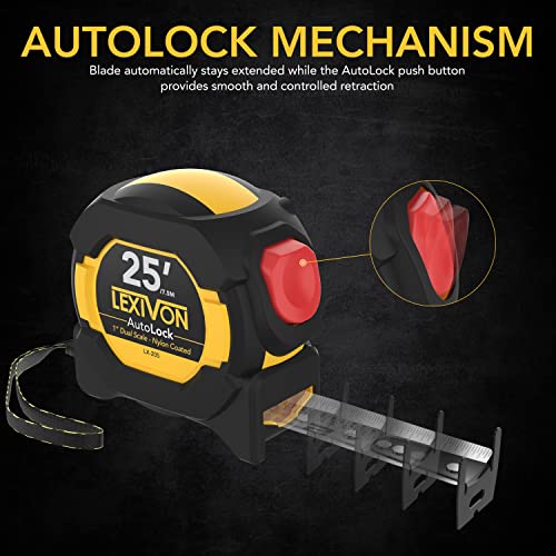 LEXIVON 25Ft/7.5m AutoLock Tape Measure | 1-Inch Wide Blade with Nylon Coating, Matte Finish White & Yellow Dual Sided Rule Print | Ft/Inch/Fractions/Metric (LX-205) - Image 5