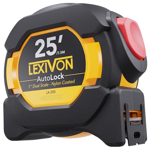 LEXIVON 25Ft/7.5m AutoLock Tape Measure | 1-Inch Wide Blade with Nylon Coating, Matte Finish White & Yellow Dual Sided Rule Print | Ft/Inch/Fractions/Metric (LX-205) - Image 1