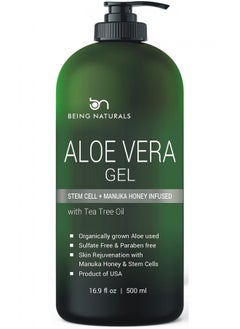 Aloe vera Gel - from 100% Pure Organic Aloe Infused with Manuka Honey, Stem Cell, Tea Tree Oil - Natural Raw Moisturizer for Face, Body, Hair. Perfect for Sunburn, Acne, Razor Bumps 16.9 fl oz