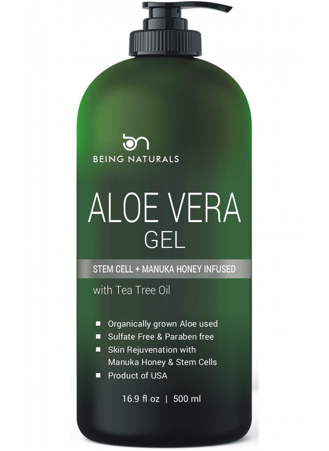 Being Naturals - Aloe vera Gel - from 100% Pure Organic Aloe Infused with Manuka Honey, Stem Cell, Tea Tree Oil - Natural Raw Moisturizer for Face, Body, Hair. Perfect for Sunburn, Acne, Razor Bumps 16.9 fl oz - Image 1