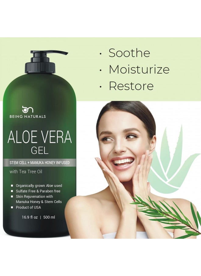 Being Naturals - Aloe vera Gel - from 100% Pure Organic Aloe Infused with Manuka Honey, Stem Cell, Tea Tree Oil - Natural Raw Moisturizer for Face, Body, Hair. Perfect for Sunburn, Acne, Razor Bumps 16.9 fl oz - Image 1