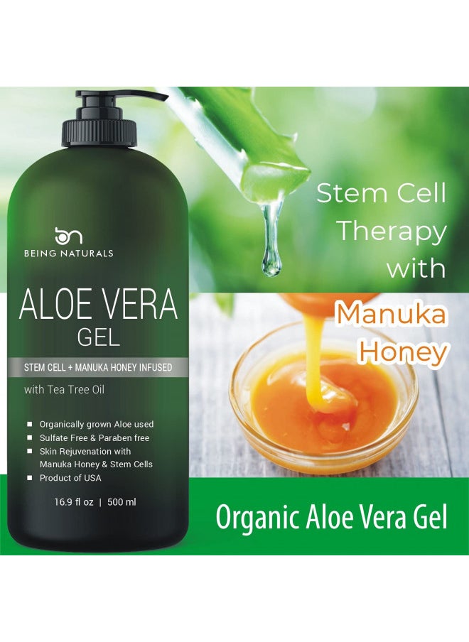 Being Naturals - Aloe vera Gel - from 100% Pure Organic Aloe Infused with Manuka Honey, Stem Cell, Tea Tree Oil - Natural Raw Moisturizer for Face, Body, Hair. Perfect for Sunburn, Acne, Razor Bumps 16.9 fl oz - Image 1