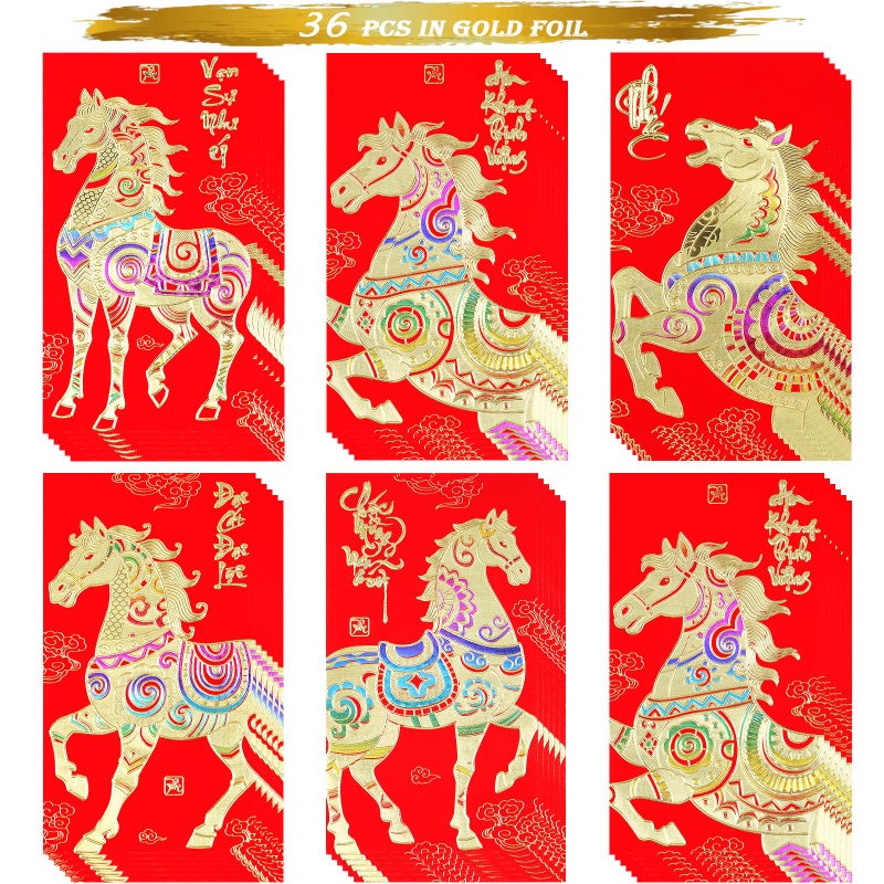 Temogole Vietnamese Red Envelopes Chinese Asia Vietnamese Lunar New Year Lucky Money Red Envelope Pocket Year of the Horse 2026 Decorations Li Xi for Cash 36 Pcs - Image 1