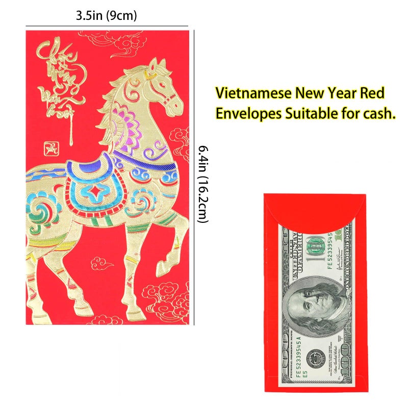 Temogole Vietnamese Red Envelopes Chinese Asia Vietnamese Lunar New Year Lucky Money Red Envelope Pocket Year of the Horse 2026 Decorations Li Xi for Cash 36 Pcs - Image 2
