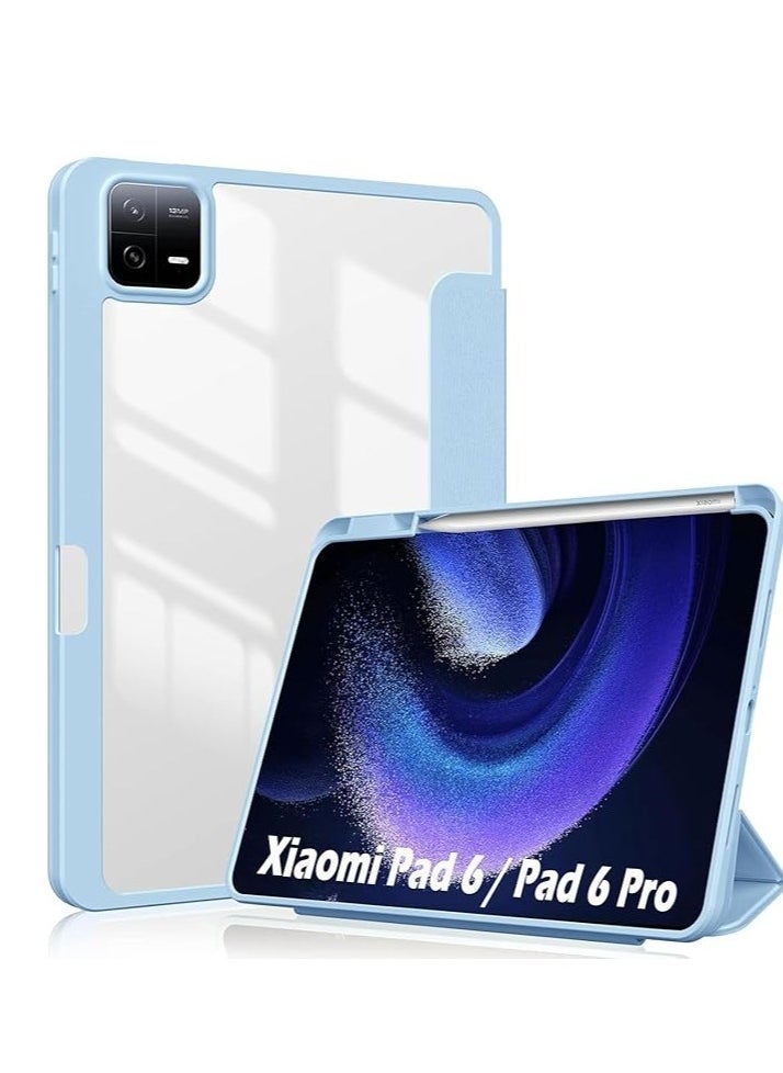 EVO Xiaomi Pad 6/Pad 6 Pro Case 11.0 inch, Auto Wake and Sleep Slim Trifold Stand Case Cover with Pencil Holder, Clear Transparent Back Shell Case for Xiaomi Pad 6 2023, Light Blue  - Image 3