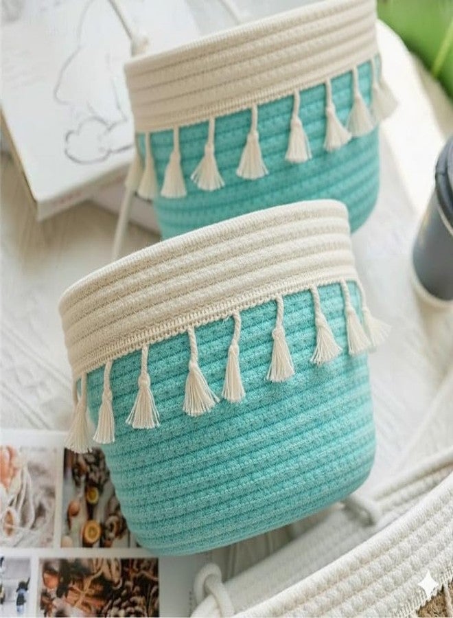 Vihs 3 Tier Hanging Storage Basket Cotton Rope Wall Mounted Organizer with Tassels Decorative Boho Shelf for Bathroom Bedroom Kitchen Nursery Vertical Space Saving Storage (Aqua) - Image 3