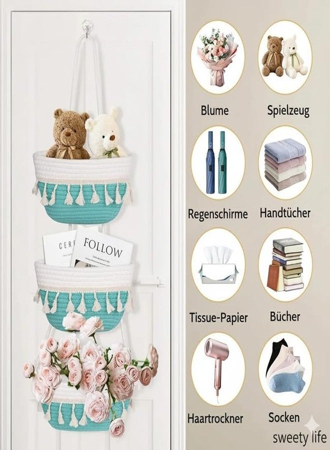 Vihs 3 Tier Hanging Storage Basket Cotton Rope Wall Mounted Organizer with Tassels Decorative Boho Shelf for Bathroom Bedroom Kitchen Nursery Vertical Space Saving Storage (Aqua) - Image 2