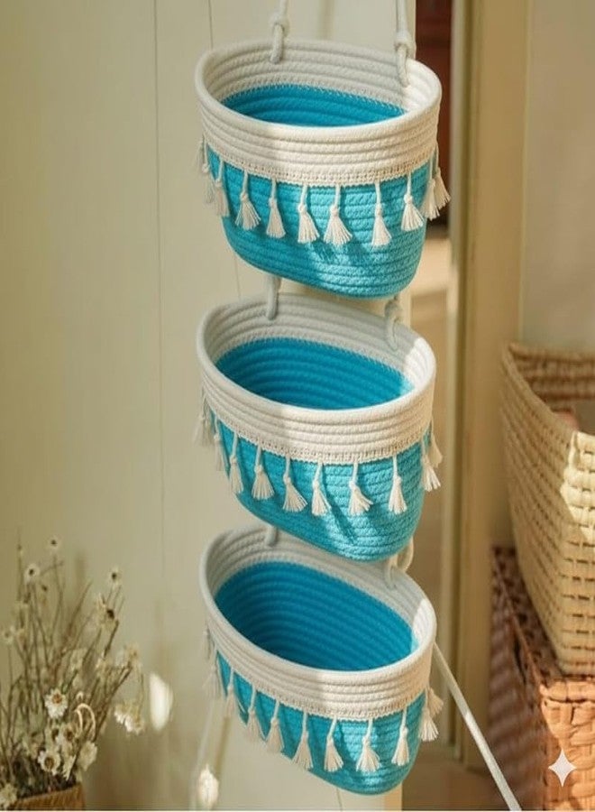 Vihs 3 Tier Hanging Storage Basket Cotton Rope Wall Mounted Organizer with Tassels Decorative Boho Shelf for Bathroom Bedroom Kitchen Nursery Vertical Space Saving Storage (Aqua) - Image 1