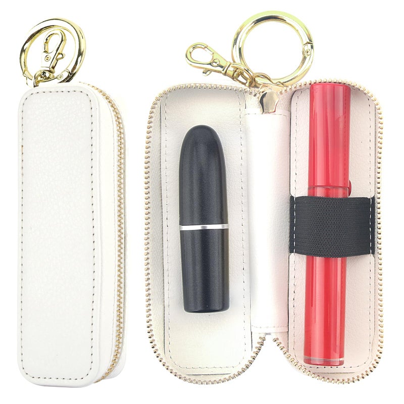 Bocasal Leather Lipstick Case Holder Chapstick Keychain Pouch, Zipper Lip Balm Lip Gloss Bag for Purse with Key Chain Elastic Band, Makeup Travel Organizer, Cosmetic Storage Kit for Women Girl (White) - Image 1