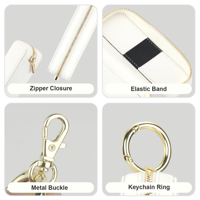 Bocasal Leather Lipstick Case Holder Chapstick Keychain Pouch, Zipper Lip Balm Lip Gloss Bag for Purse with Key Chain Elastic Band, Makeup Travel Organizer, Cosmetic Storage Kit for Women Girl (White) - Image 4
