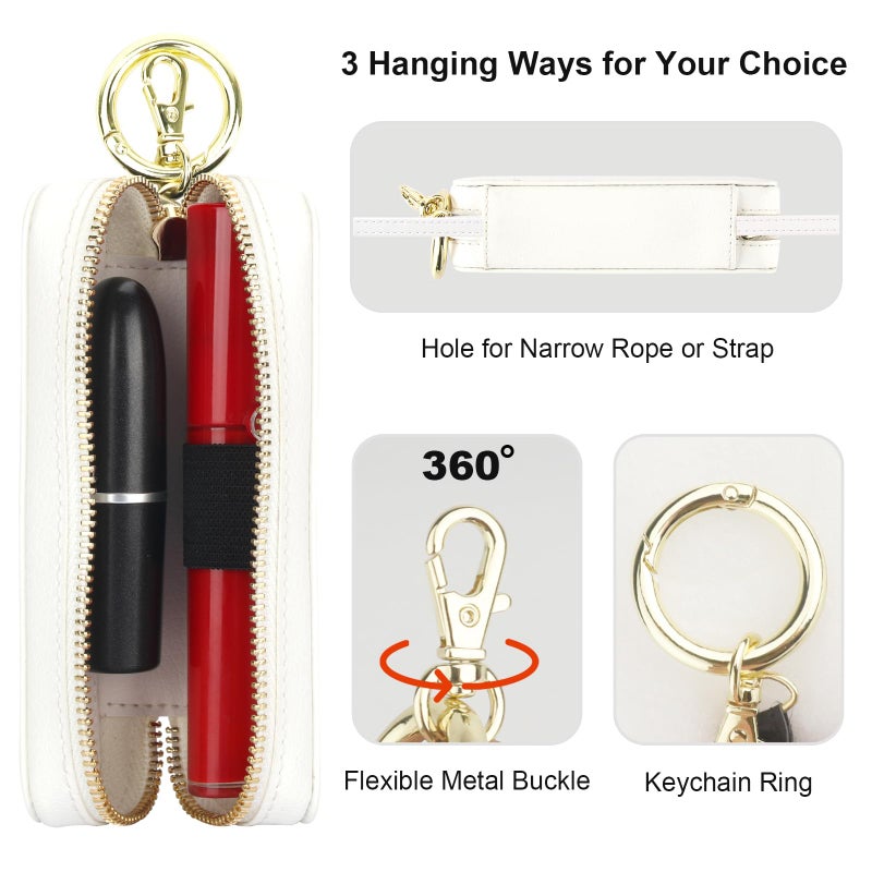 Bocasal Leather Lipstick Case Holder Chapstick Keychain Pouch, Zipper Lip Balm Lip Gloss Bag for Purse with Key Chain Elastic Band, Makeup Travel Organizer, Cosmetic Storage Kit for Women Girl (White) - Image 2