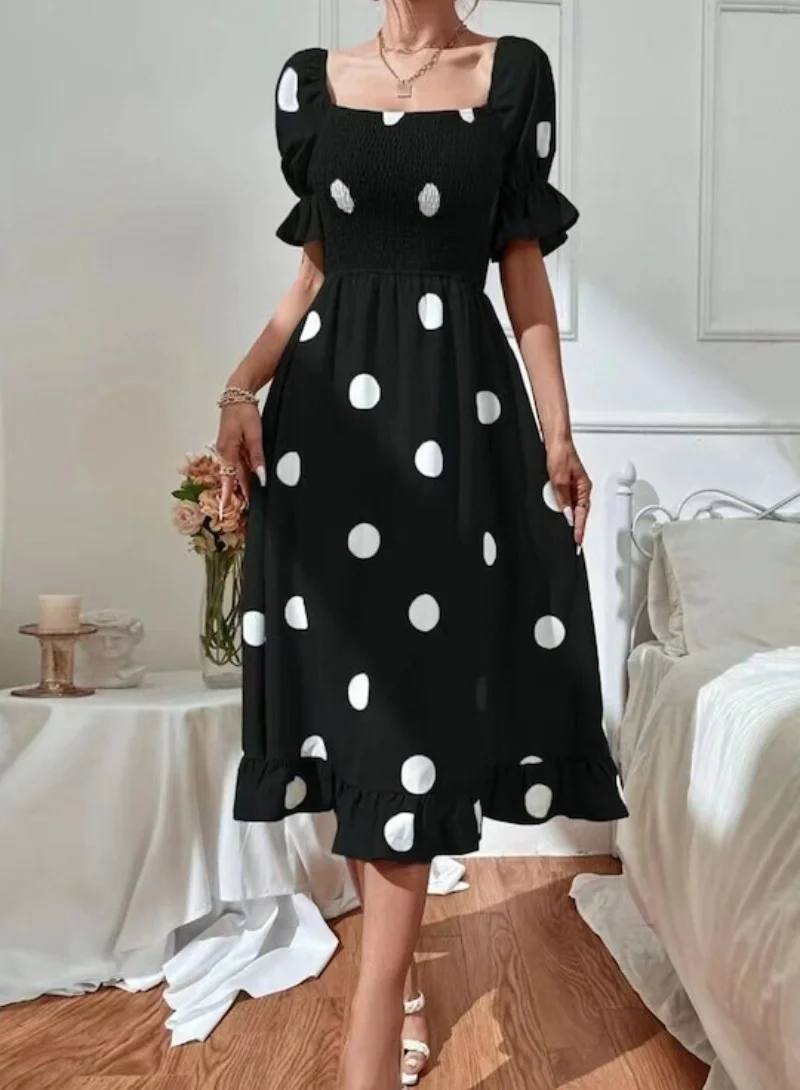 YUNIQEE Black  White Polka Dots Printed Puff Sleeves Smocked Fit  Flare Midi Dress