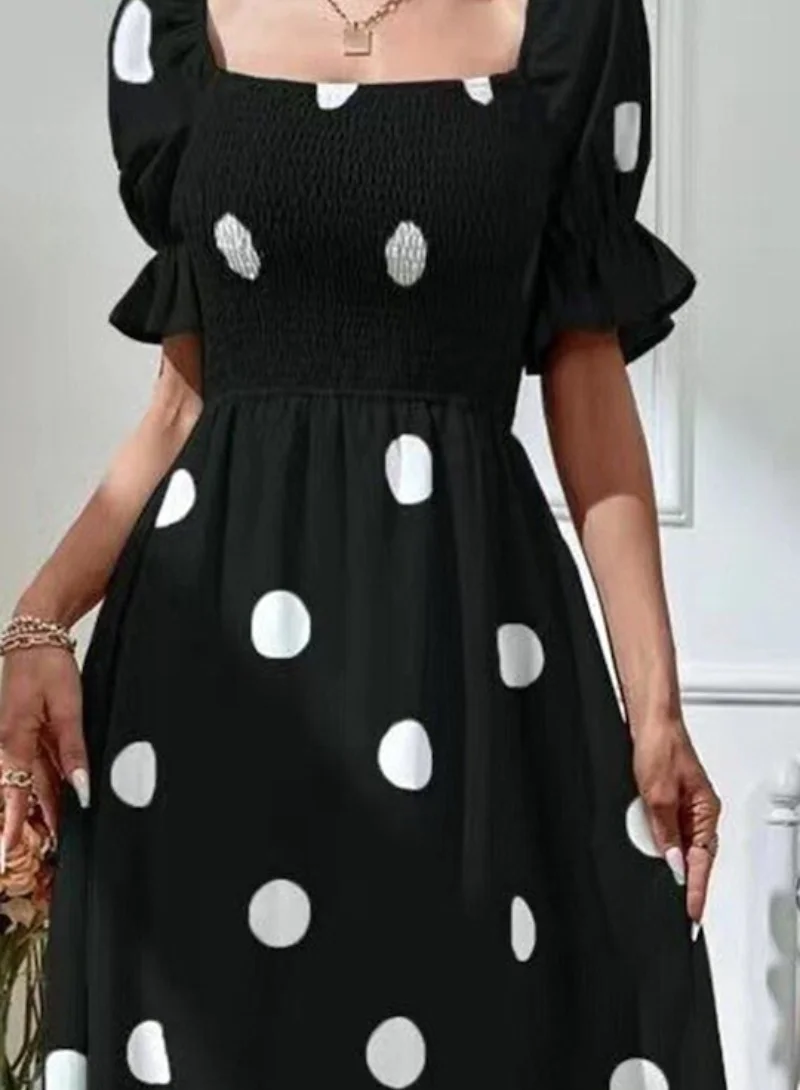 YUNIQEE Black  White Polka Dots Printed Puff Sleeves Smocked Fit  Flare Midi Dress