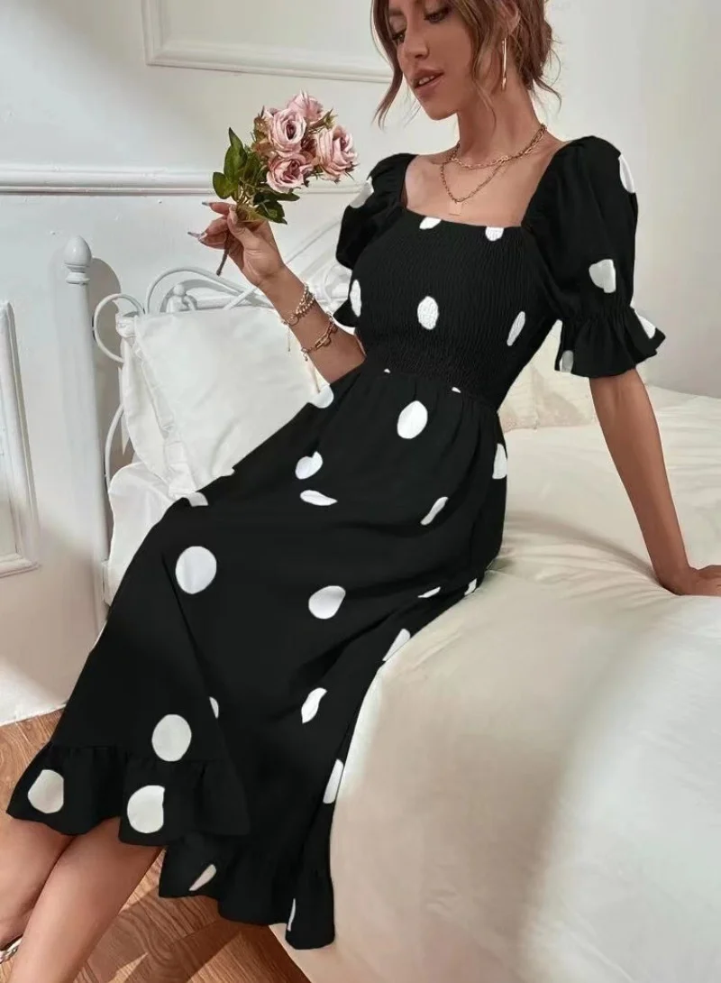YUNIQEE Black  White Polka Dots Printed Puff Sleeves Smocked Fit  Flare Midi Dress