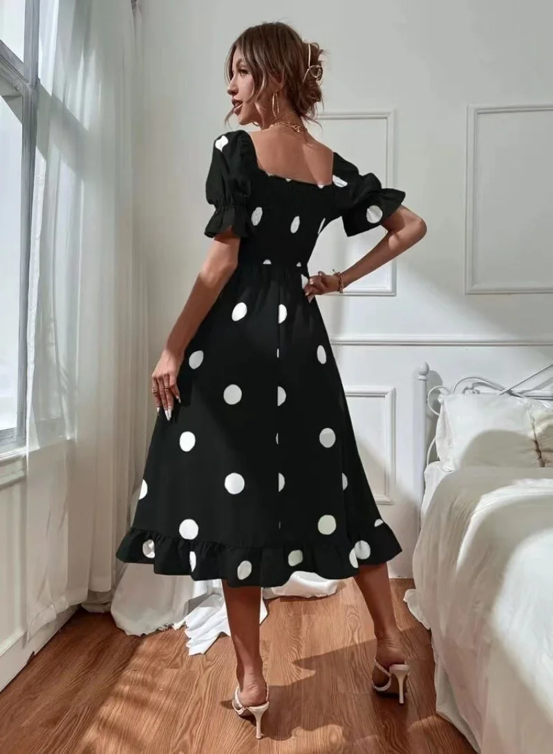 YUNIQEE Black  White Polka Dots Printed Puff Sleeves Smocked Fit  Flare Midi Dress