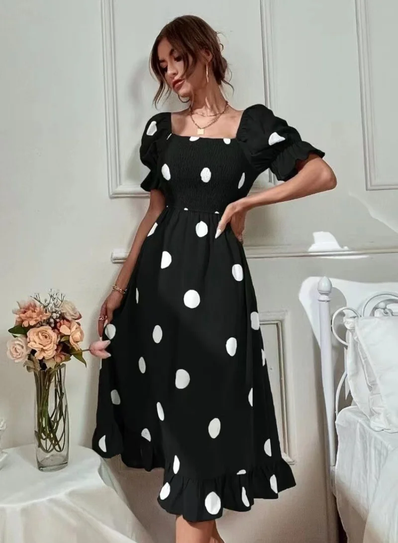 YUNIQEE Black  White Polka Dots Printed Puff Sleeves Smocked Fit  Flare Midi Dress