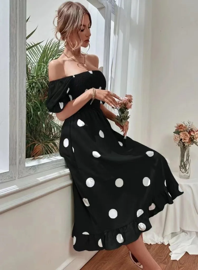 YUNIQEE Black  White Polka Dots Printed Puff Sleeves Smocked Fit  Flare Midi Dress
