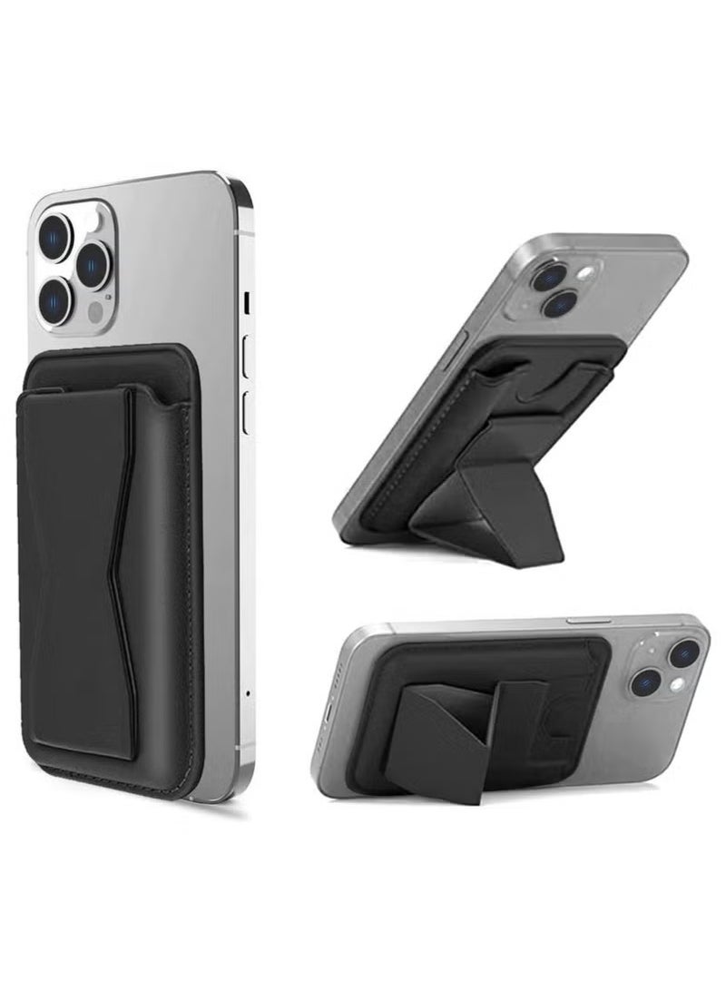 Raxoom Luxury Magnetic Phone Wallet Holder plus stand for iPhone & Samsung – Black PU Leather Slim, Secure Grip, RFID Blocking, Minimalist Card Holder for Men & Women - Suitable for iPhone 16, 15, 14, 13, 12, Pro & Pro Max Models – Holds upto 3 Cards - Image 1