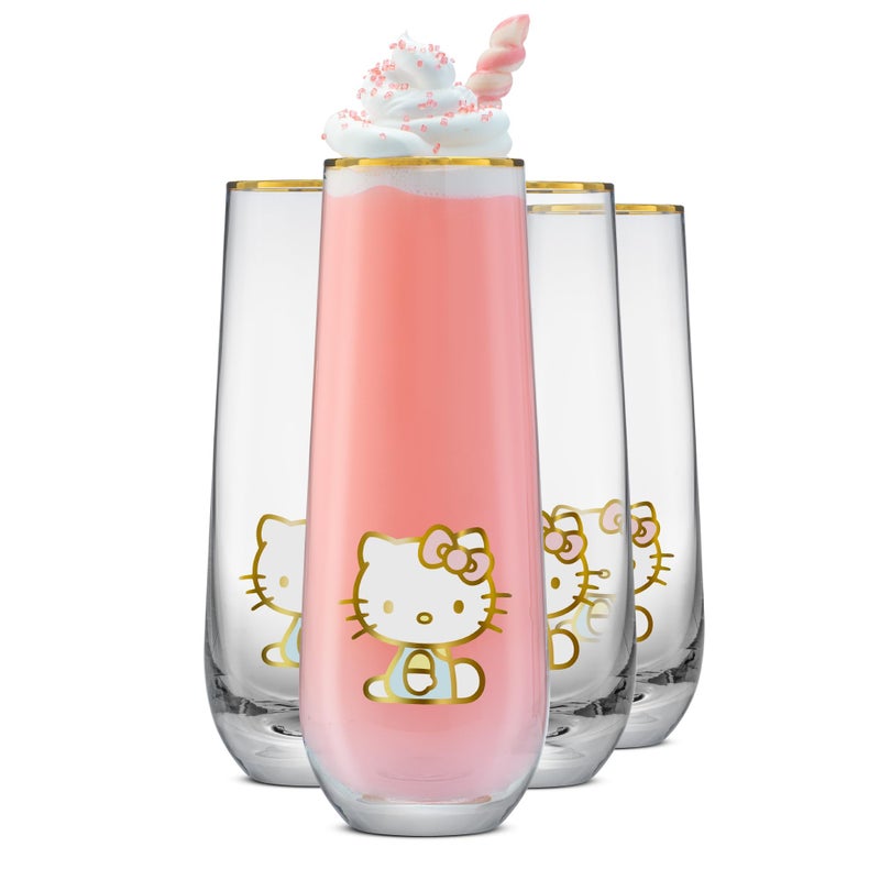 JoyJolt Hello Kitty Stay Gold Stemless Flutes 94oz Drinking Glasses Set of 4 Sanrio Highball Glasses Kawaii Hello Kitty Kitchen Glass Set Ideal for Water Juice Smoothies Skinny Tall Glasses