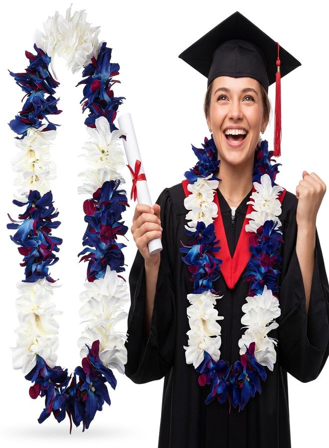 Kenning Hawaiian Graduation Lei for Adults 47" Faux Orchid Flower Necklace Class of 2026 Grad Necklace Tropical Luau Party Favors for Graduation Hawaiian Summer Beach(Blue, White) - Image 1