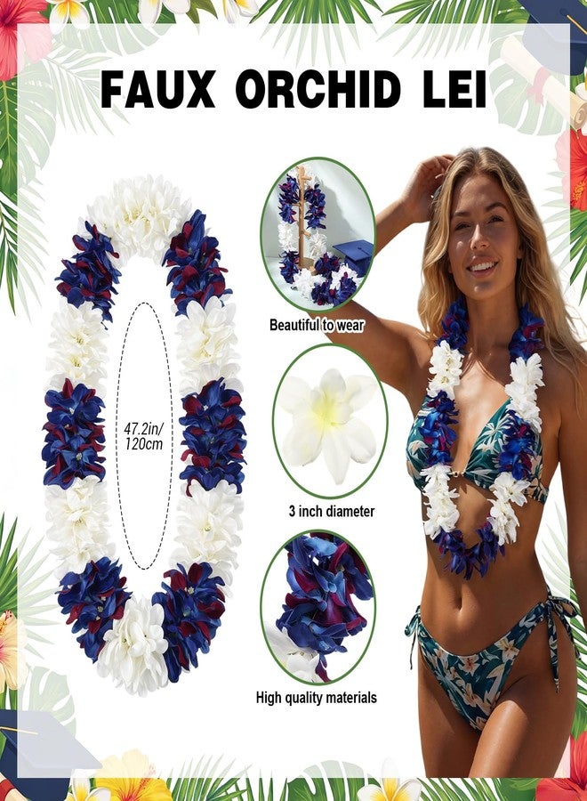 Kenning Hawaiian Graduation Lei for Adults 47" Faux Orchid Flower Necklace Class of 2026 Grad Necklace Tropical Luau Party Favors for Graduation Hawaiian Summer Beach(Blue, White) - Image 2