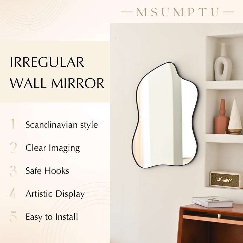 MSUMPTU Irregular Wall Mirror Black Wave Shaped Metal Framed Wall Mirror for Bathroom Bedroom Entryway Living Room Wall Decor 24" L x 18" W 2305B - Image 5
