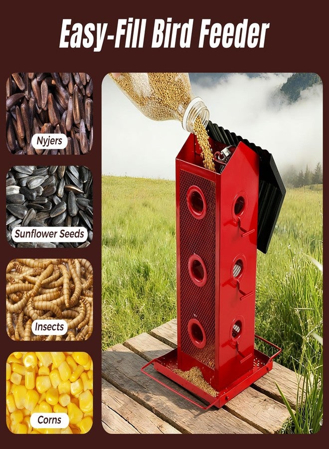 Shineforu Squirrel-Proof Bird Feeder for Outdoors Hanging | 14-Port Multi-Bird Viewing | All Metal, Waterproof & Easy-Clean | Attracts Cardinals, Finches, Chickadees & More (Elegant Red & Black) - Image 4