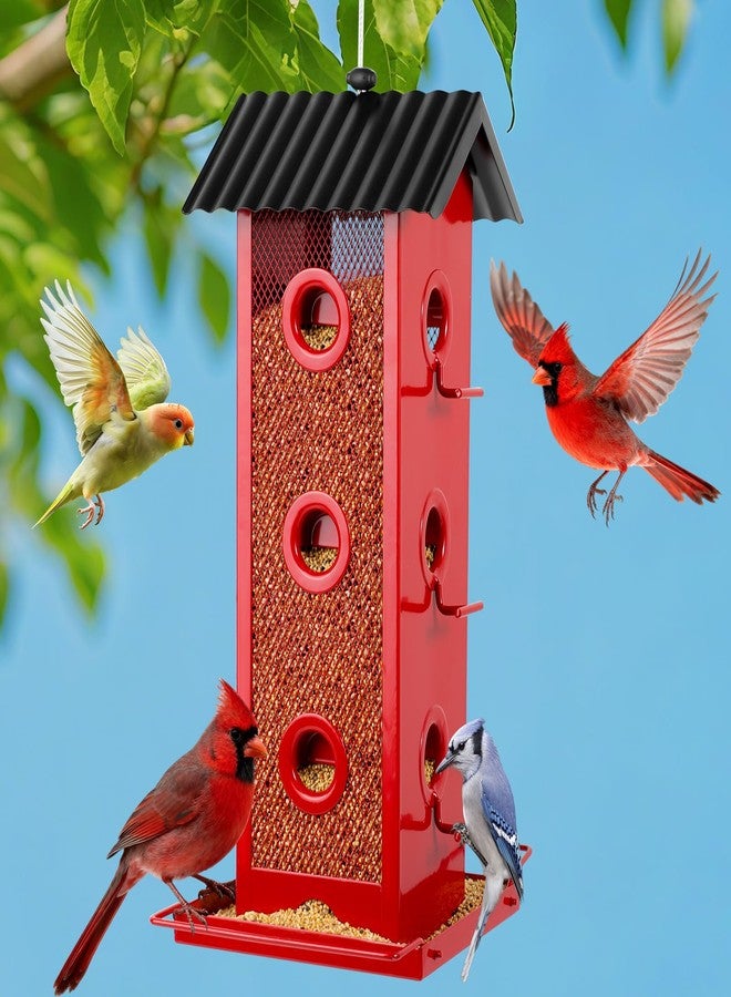 Shineforu Squirrel-Proof Bird Feeder for Outdoors Hanging | 14-Port Multi-Bird Viewing | All Metal, Waterproof & Easy-Clean | Attracts Cardinals, Finches, Chickadees & More (Elegant Red & Black) - Image 1