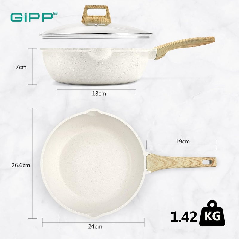 GIPP مقلاة جيب العميقة غير اللاصقة، مقلاة 24 سم مقلاة عمل جرانيت أدوات طهي تحريضية، مقلاة سوتيه غير لاصقة مع غطاء، خالية من PFOA PFOS APEO، أبيض - Image 2