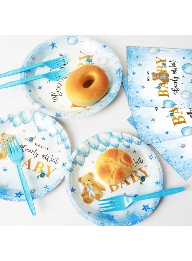 Tevxj 96PCS Bear Baby Shower Tableware Set We Can Bearly Wait Dessert Plates Bear Balloon Star Party Plates Napkins Forks for Boys Girl Gender Reveal Baby Shower Party Decorations supplies 24 guests - Image 4