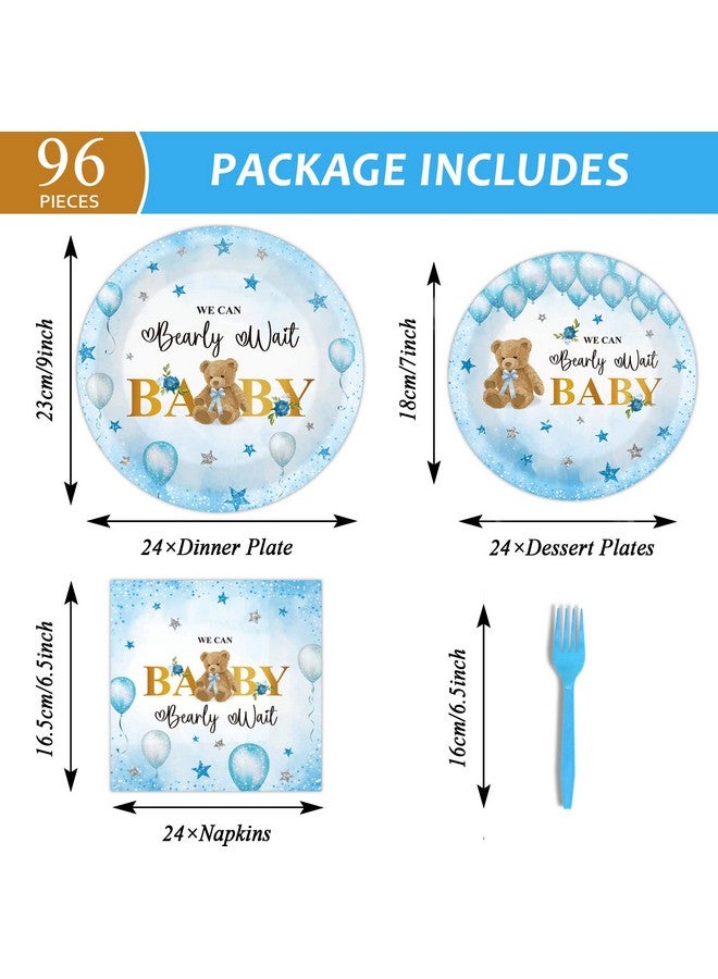 Tevxj 96PCS Bear Baby Shower Tableware Set We Can Bearly Wait Dessert Plates Bear Balloon Star Party Plates Napkins Forks for Boys Girl Gender Reveal Baby Shower Party Decorations supplies 24 guests - Image 2