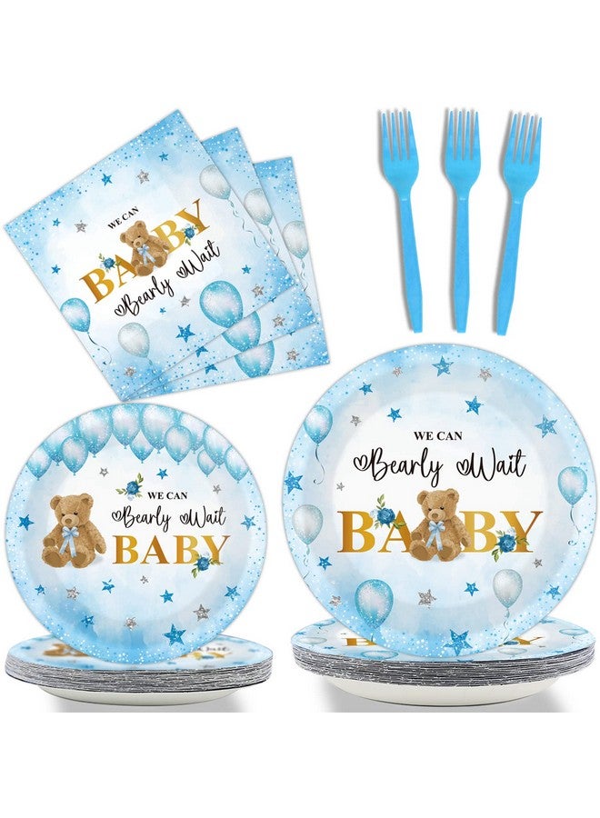 Tevxj 96PCS Bear Baby Shower Tableware Set We Can Bearly Wait Dessert Plates Bear Balloon Star Party Plates Napkins Forks for Boys Girl Gender Reveal Baby Shower Party Decorations supplies 24 guests - Image 1