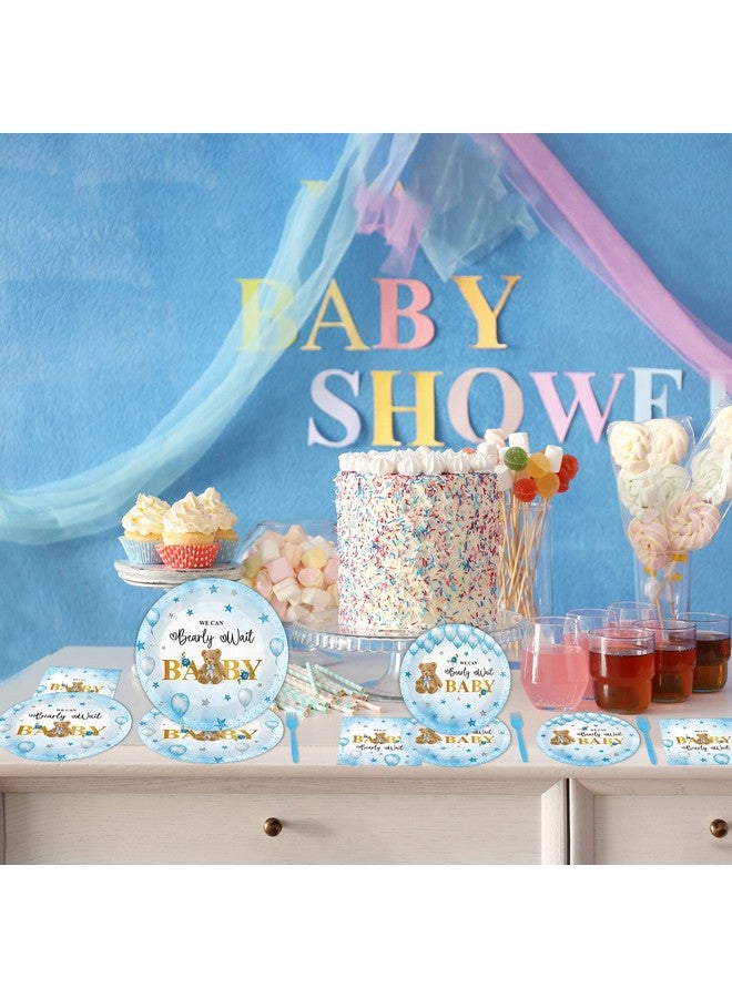 Tevxj 96PCS Bear Baby Shower Tableware Set We Can Bearly Wait Dessert Plates Bear Balloon Star Party Plates Napkins Forks for Boys Girl Gender Reveal Baby Shower Party Decorations supplies 24 guests - Image 5