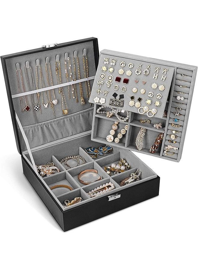 Bukela Universal Jewelry Box for Men and Women 2-layer Large Jewelry Storage Box with Lock Necklace Bracelet Earring Ring Jewelry Storage Box Black - Image 1